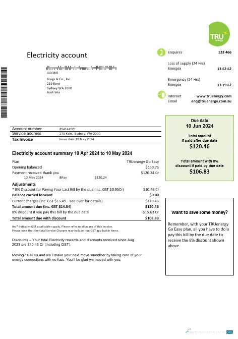 Australia Tru Energy electricity business utility bill template in Word and PDF format